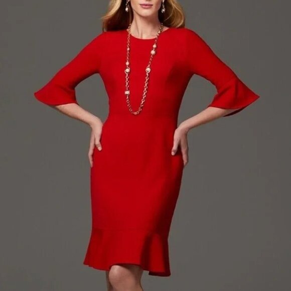 2/$30 WHBM Three Quarter Flare Sleeve Aline Dress Roman Red 4 #9990 - Picture 3 of 12